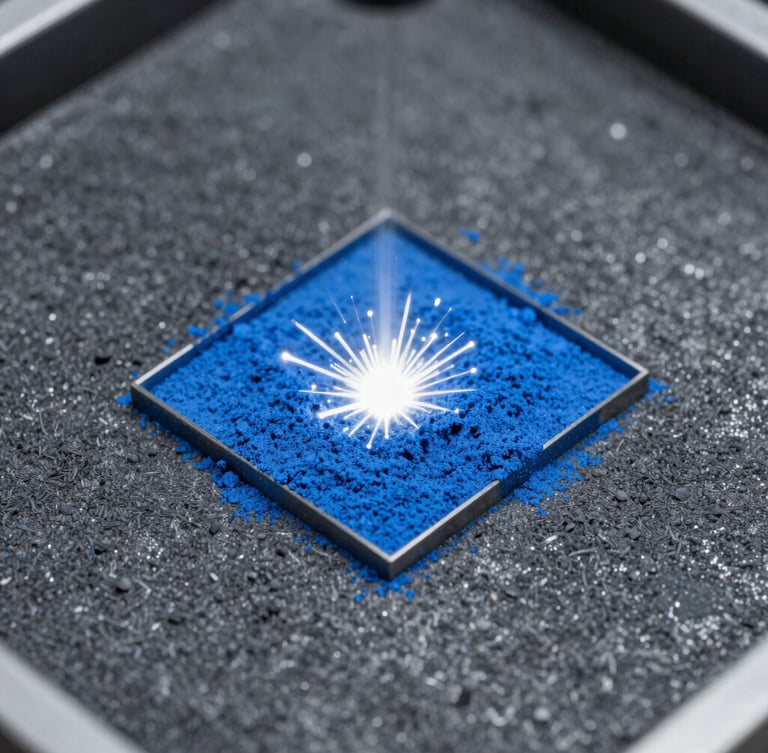 Macro shot of industrial additive manufacturing laser sintering metal powder, high-contrast cool blue and white sparks, high-precision layer adhesion visible, 35mm crisp details