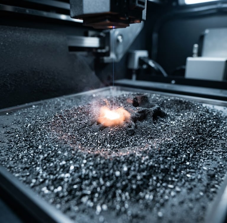 Macro photograph of a heavy industrial additive manufacturing laser sintering metal powder, cool high-contrast studio lighting, metallic and slate tones, 35mm