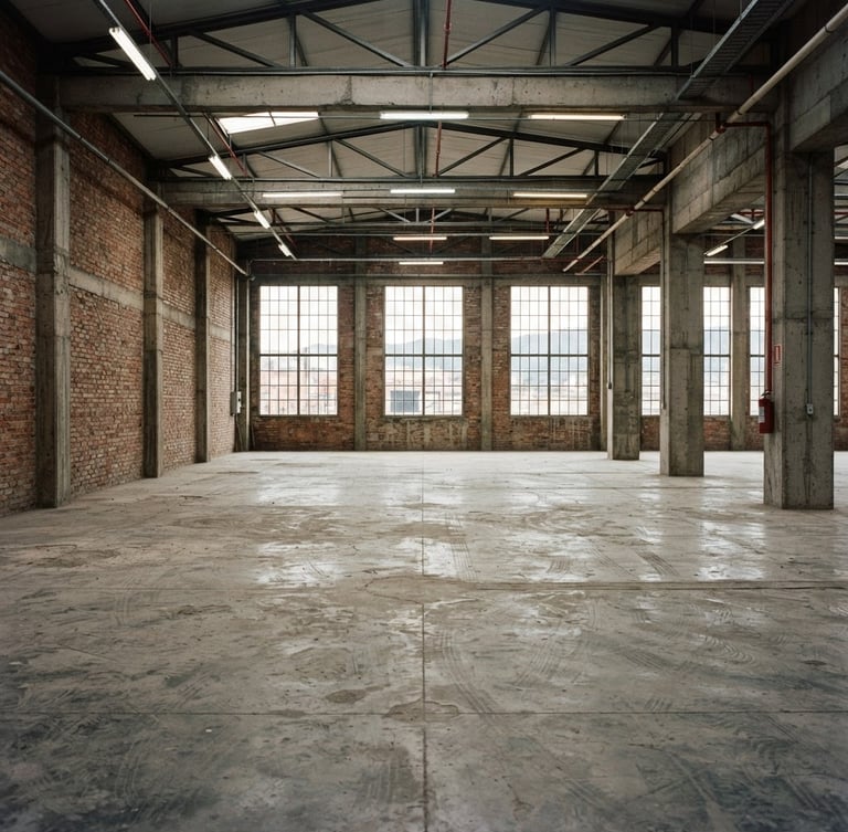 Raw concrete floor of a shared warehouse in Bogota, natural light from windows showing unpolished concrete and brick walls, empty space ready for storage, wide angle