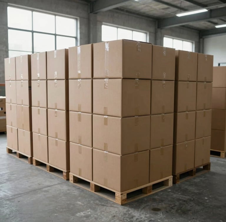 Primer plano de cajas de cartón con insumos comerciales livianos apiladas de forma ordenada sobre el suelo de concreto gris