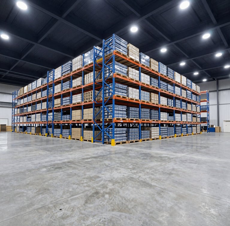 Wide-angle architectural shot of a massive modern distribution warehouse with clean concrete floors, high-capacity blue pallet racking, cool daylight lighting.