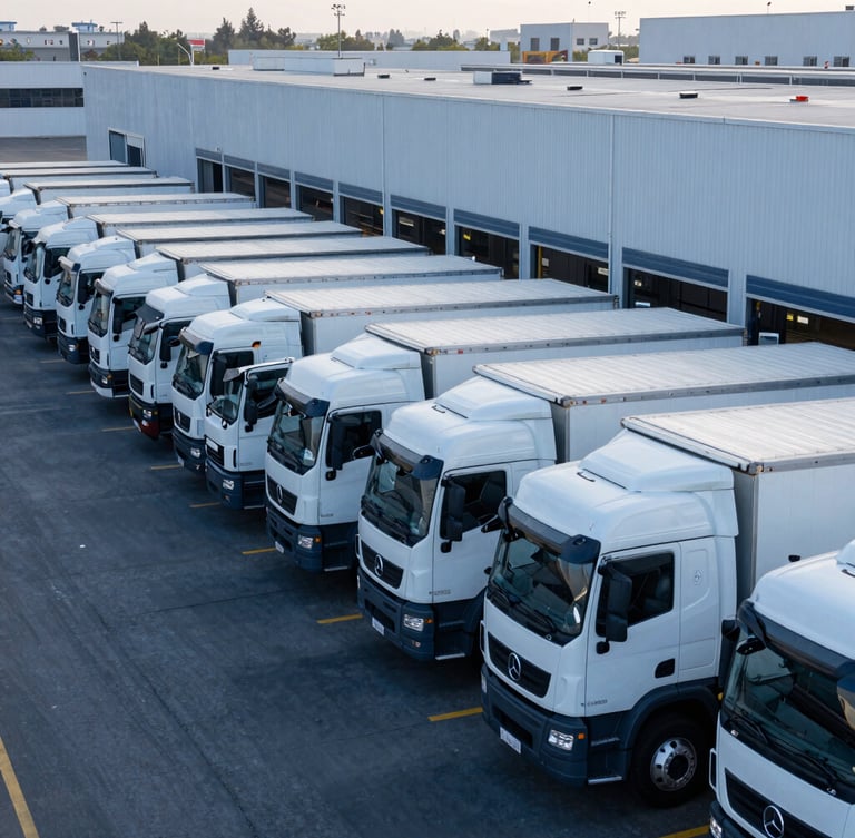 Logistics fleet of white trucks lined up at loading bays of a large modern distribution center, cool morning daylight, professional industrial photography.