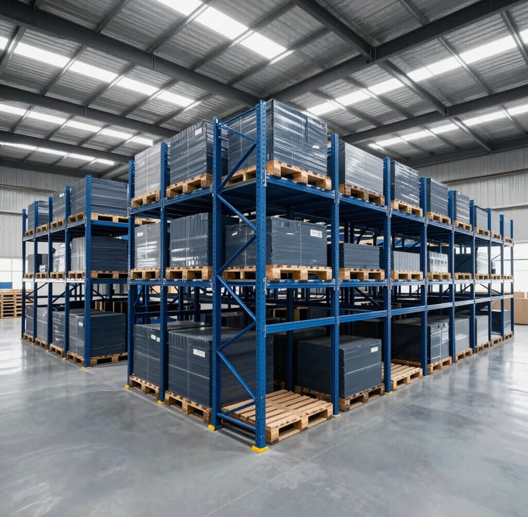 Industrial corporate photography of a modern high-capacity logistics warehouse, clean slate blue steel racks, organized pallets, cool daylight flooding from high windows, wide-angle perspective