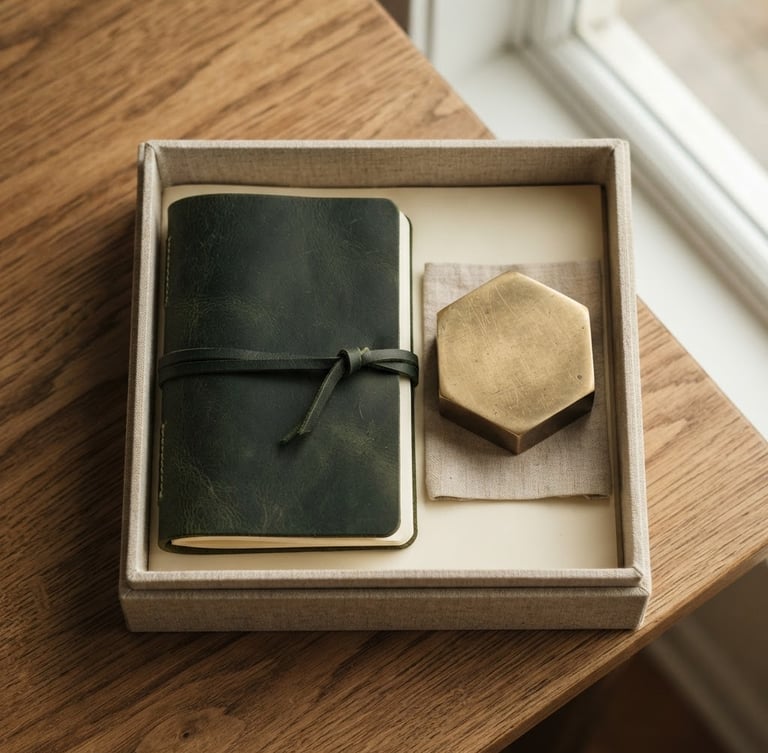 Overhead flat-lay of a premium linen-wrapped gift box open, revealing a solid brass paperweight, a dark green leather notebook, and soft side window lighting.