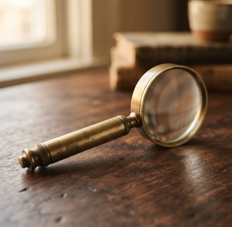 Macro shot of a solid brass desk accessory resting on a dark walnut table, soft side window light, warm shallow depth of field.