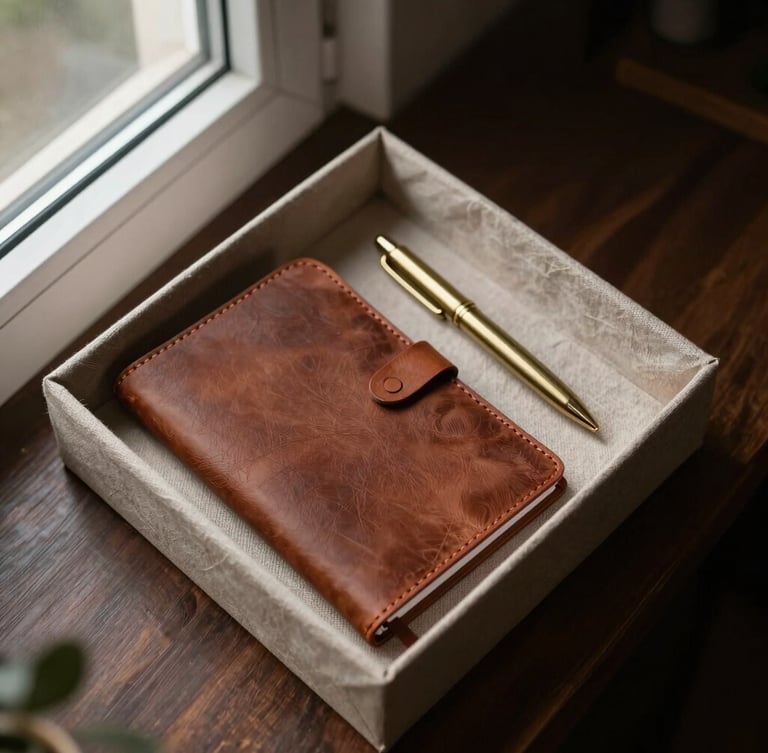Overhead flat-lay of an open linen-wrapped gift box containing a leather notebook and a brass pen, soft directional window light, rich muted earth tones.