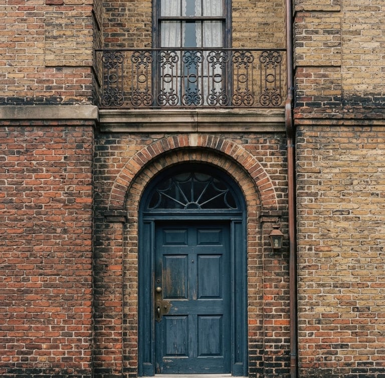 An editorial architectural crop of a historic brick facade in South Carolina, soft natural overcast daylight, deep navy shadows, medium format film.