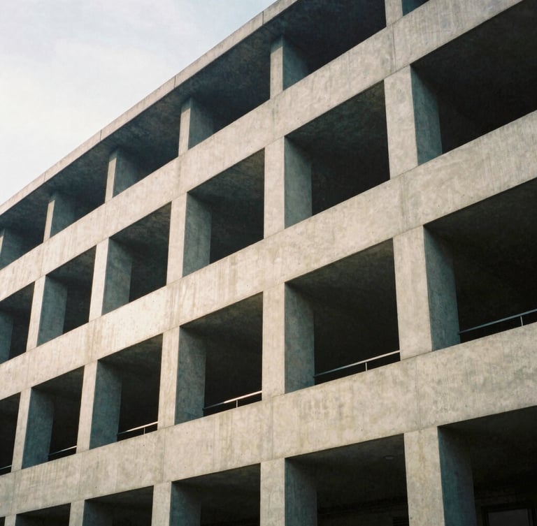 Detail of structured concrete and steel architecture, clean geometric shadows, soft overcast daylight, medium format film style.