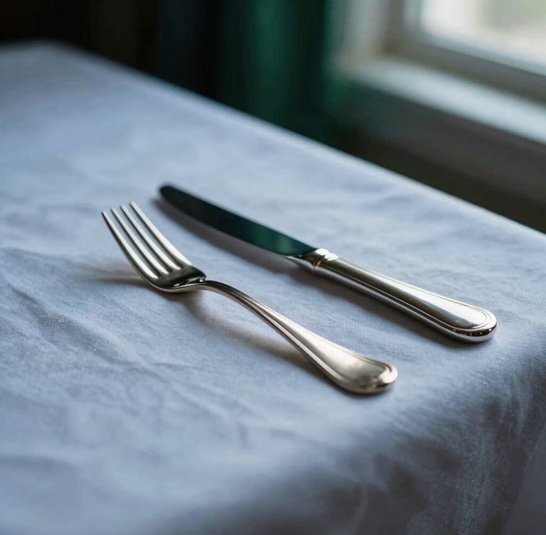 Close-up of polished silver forks and knives resting on a crisp, ironed white linen tablecloth, soft dramatic morning light from a window, shallow depth of field, 50mm lens.