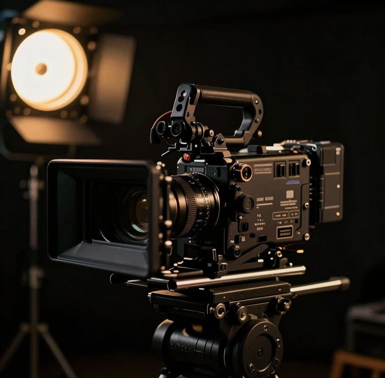 Dramatic close-up of a professional cinema camera rig on set, warm gold accent lights cutting through dark studio backdrops, low-key chiaroscuro lighting, 35mm film style