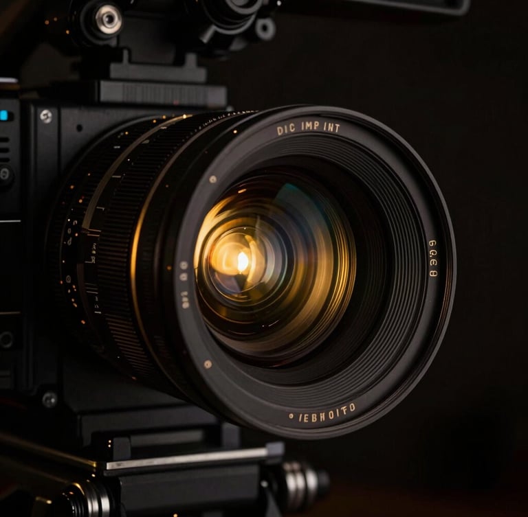 Dramatic close-up of a high-end cinema camera lens on a dark set, warm golden accent lights reflecting on the glass, low-key chiaroscuro lighting, 35mm style.