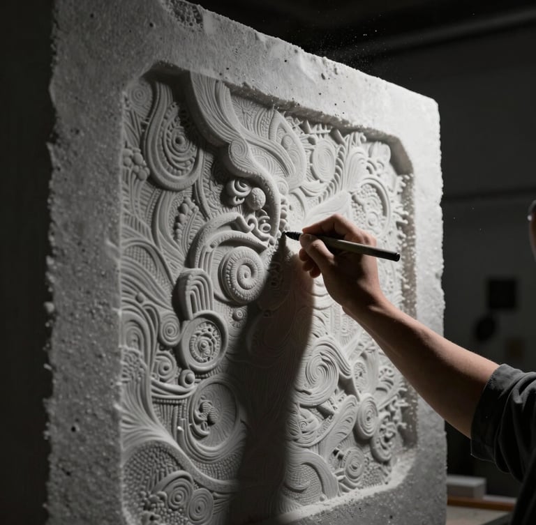 Close-up of a sculptor's hand carving intricate textures into a massive block of styrofoam, dramatic side lighting casting deep shadows, workshop dust in the air