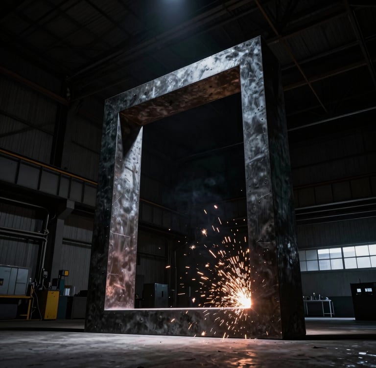 Low-angle dramatic photograph of a monumental iron sculpture frame under spotlight, welding sparks flying, deep shadows, industrial workshop background, 35mm.