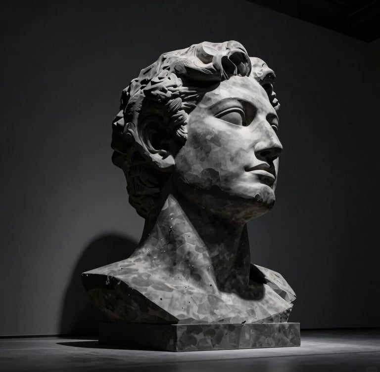 Low-angle shot of a giant 3D digital sculpture render, dramatic spot lighting from above casting deep shadows, graphite background.