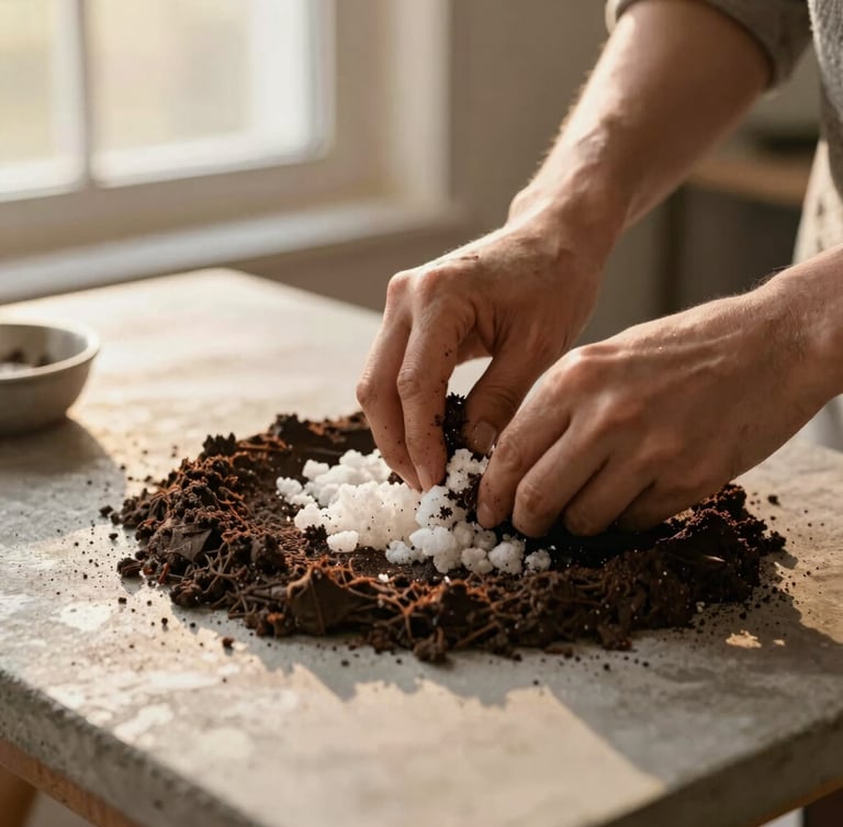 Close-up of hands mixing rich dark organic substrate with perlite on a concrete table, soft golden hour light, warm editorial photography, shallow depth of field.