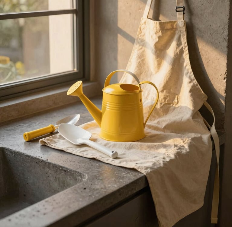 Warm editorial photography of a modern minimalist Kit Jardinero with yellow and white tools, a watering can, and a canvas apron resting on a dark concrete stone surface, golden-hour window light casting soft shadows, 35mm
