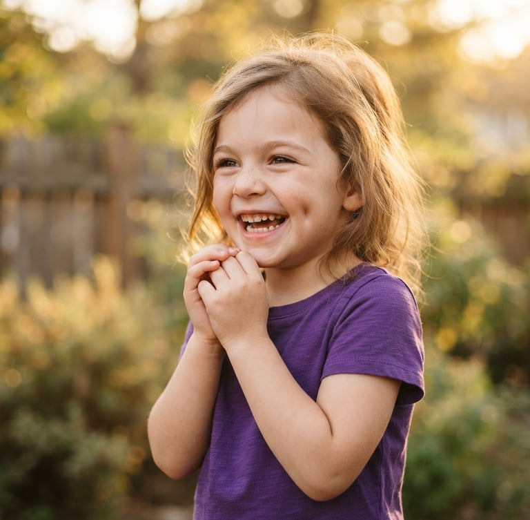 Candid portrait of a child laughing outdoors, soft golden hour window light, wearing a rich violet organic cotton t-shirt, shallow depth of field
