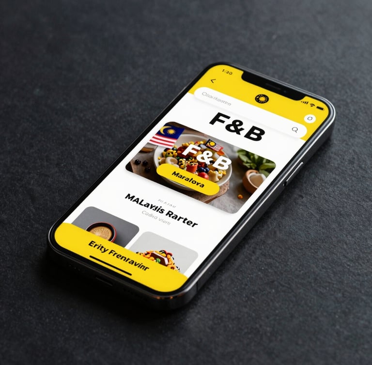 High-fidelity mobile UI mockup of a Malaysian F&B website displayed on a sleek smartphone, vibrant yellow highlight accents, dark reflective background, sharp geometric typography