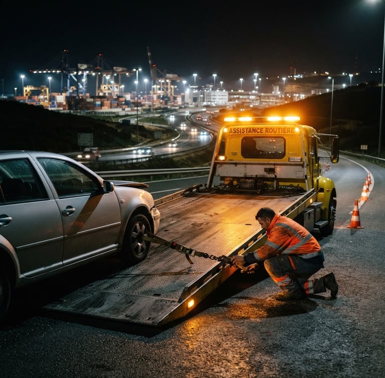 Modern flatbed tow truck securing a vehicle on a highway at night, amber emergency lights flashing, secure hookup visible, Tangier Med corridor in background, high-contrast industrial tones, sharp focus, 35mm