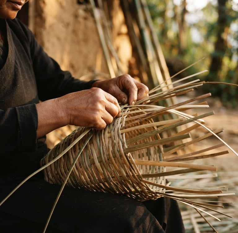 Close-up of hands weaving wild-harvested ringal bamboo under soft golden-hour side lighting, warm editorial style, shallow depth of field