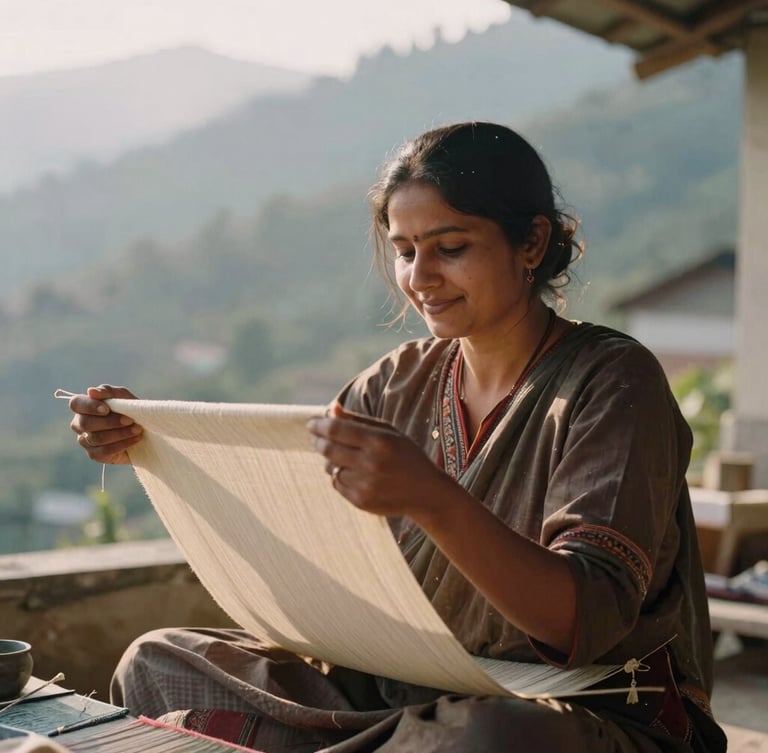 A portrait of a woman artisan smiling softly in her sunlit workshop in Uttarakhand, holding a hand-loomed textile, warm golden-hour side lighting.