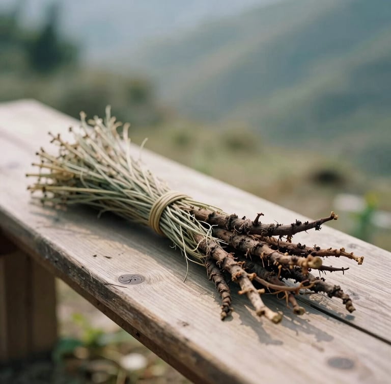 A bundle of raw Himalayan nettle fibers and dried madder root resting on a rustic wooden bench, soft morning sunlight, earthy forest tones, shallow depth of field.