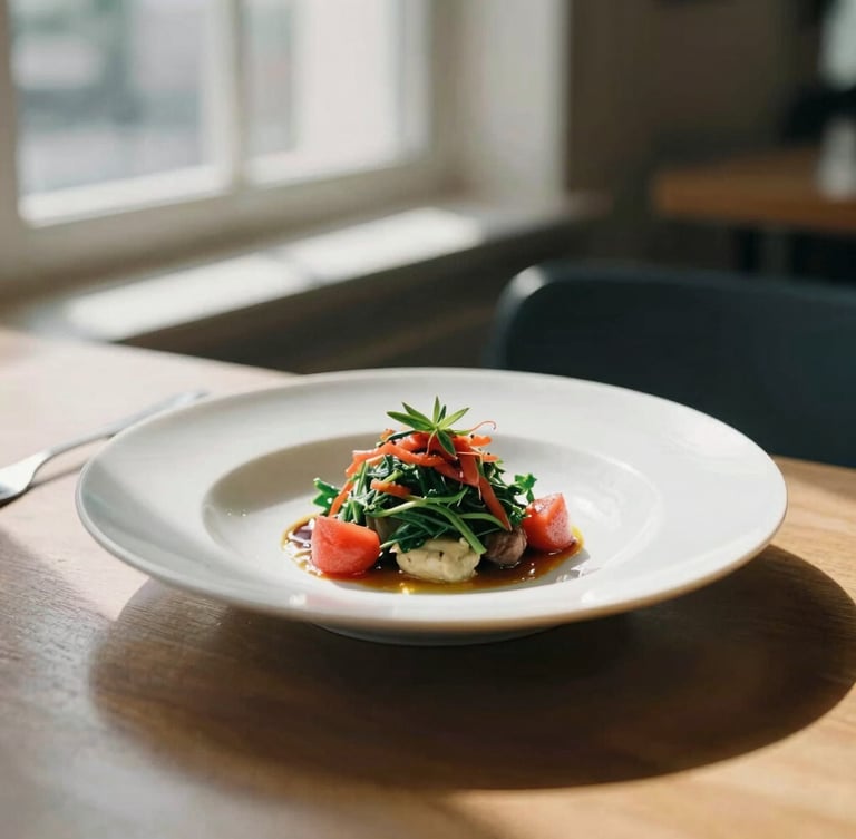A close-up of a chef plating a vibrant dish in a cozy Scandinavian-style restaurant, soft natural window light casting rich shadows, 35mm film style
