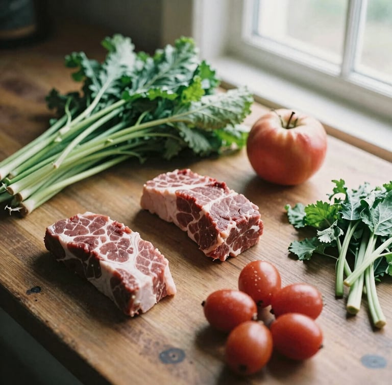 Overhead flatlay of raw seasonal ingredients on a rustic prep table, warm morning daylight, rich crimson and forest green tones, shallow depth of field