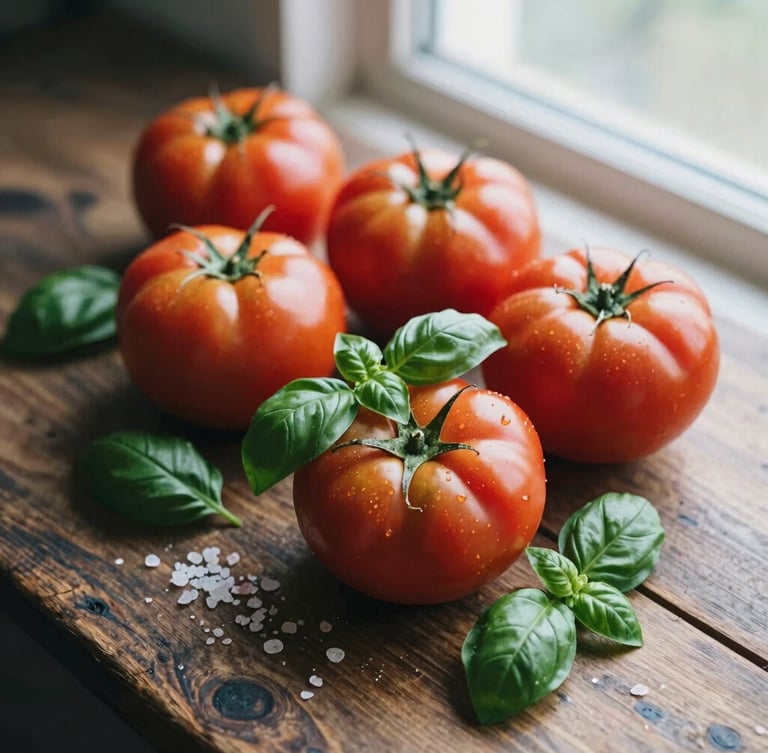Overhead medium-close editorial shot of raw heirloom tomatoes, fresh basil leaves, and sea salt on a rustic dark wood prep table, soft natural window daylight, rich crimson tones, shallow depth of field, 35mm film aesthetic