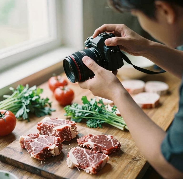 A close-up overhead shot of a photographer adjusting a camera rig above a rustic wooden table filled with raw ingredients, soft natural window light, warm tones.