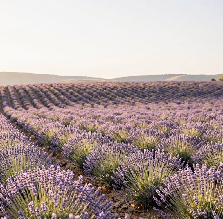 Wide panoramic shot of a sun-drenched lavender field at high altitude, rolling hills under a soft pale sky, warm morning daylight