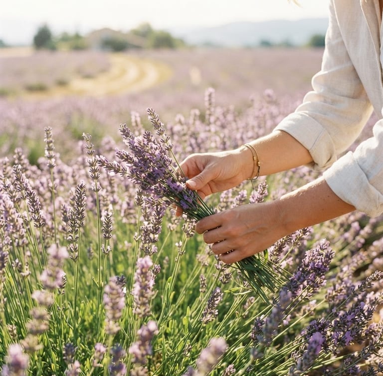 Close-up of hands gently harvesting lavender stems in a sun-drenched field in the morning, soft purple hues, shallow depth of field, 35mm lens