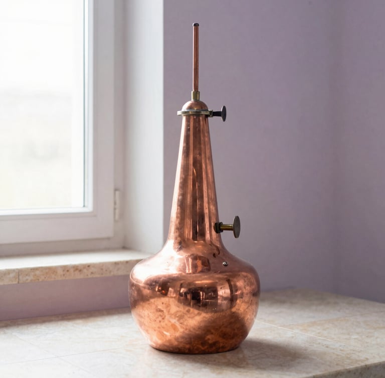 A traditional copper alembic still in a light-filled stone room, soft morning light streaming through a window, copper gleaming, warm and clean atmosphere
