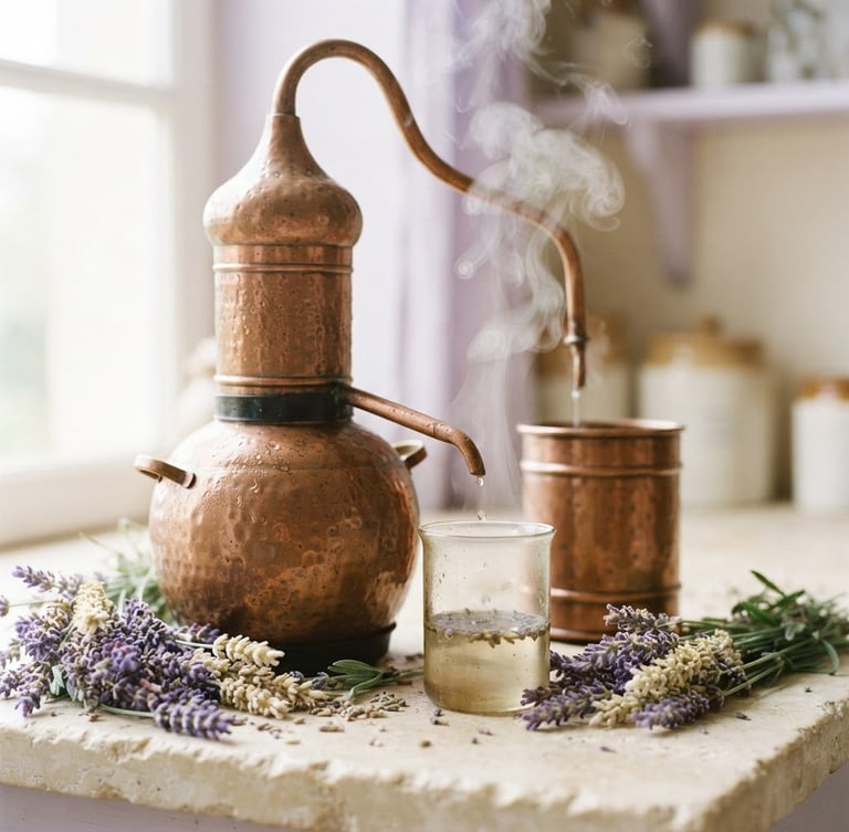 Soft morning daylight close-up of copper distillation equipment with steam, lavender stems on light stone, airy high-key purple tones, shallow depth of field