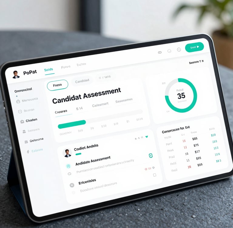 Digital tablet displaying a candidate assessment software dashboard with hiring analytics and recruitment data.