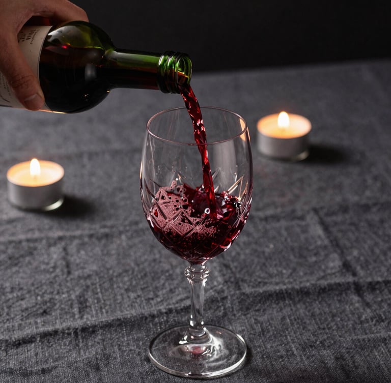 Extreme close-up of hands pouring deep red wine into a crystal glass on a heavy charcoal linen tablecloth, warm flickering taper candles in the background, high-contrast shadows.