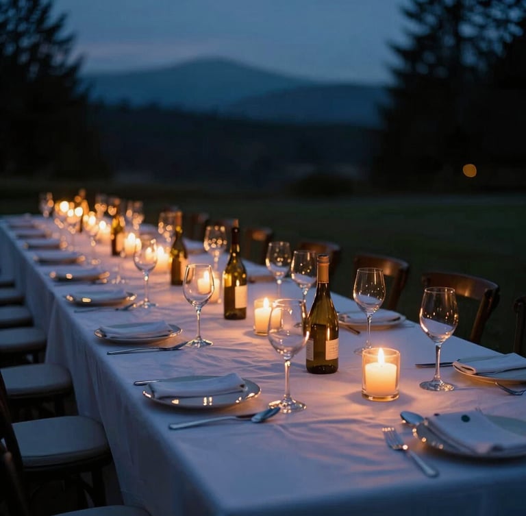 Wide atmospheric environmental shot of a long banquet table set outdoors under a deep twilight sky in the Pacific Northwest, warm candlelit glow reflecting off glassware.