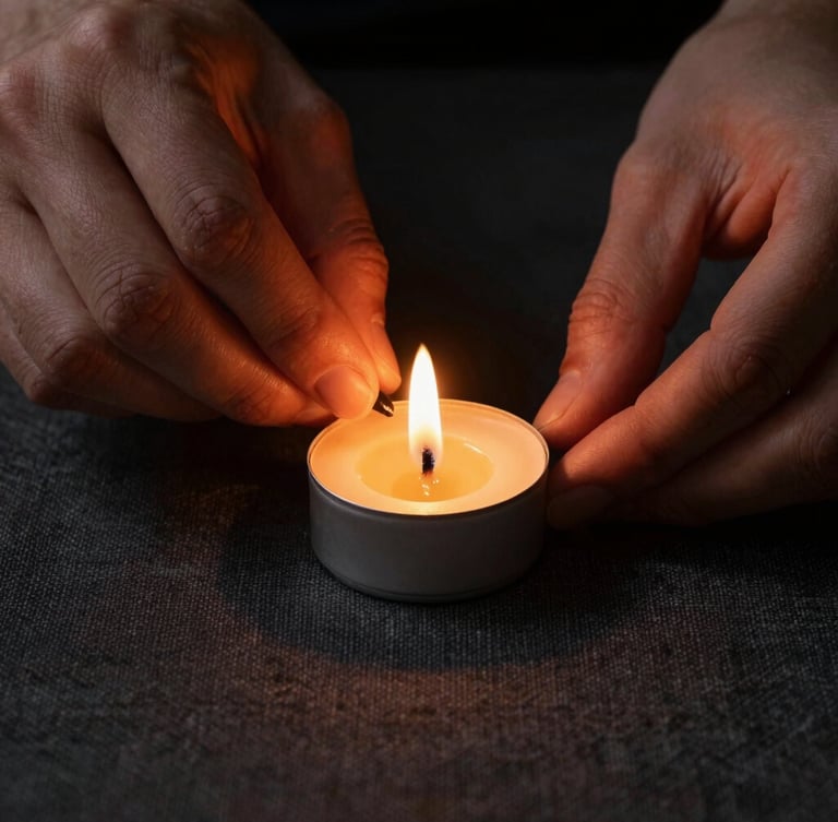 Extreme close-up of hands lighting a single beeswax taper candle on a heavy, textured dark linen table setting, warm golden flame casting deep shadows, cinematic low-light.
