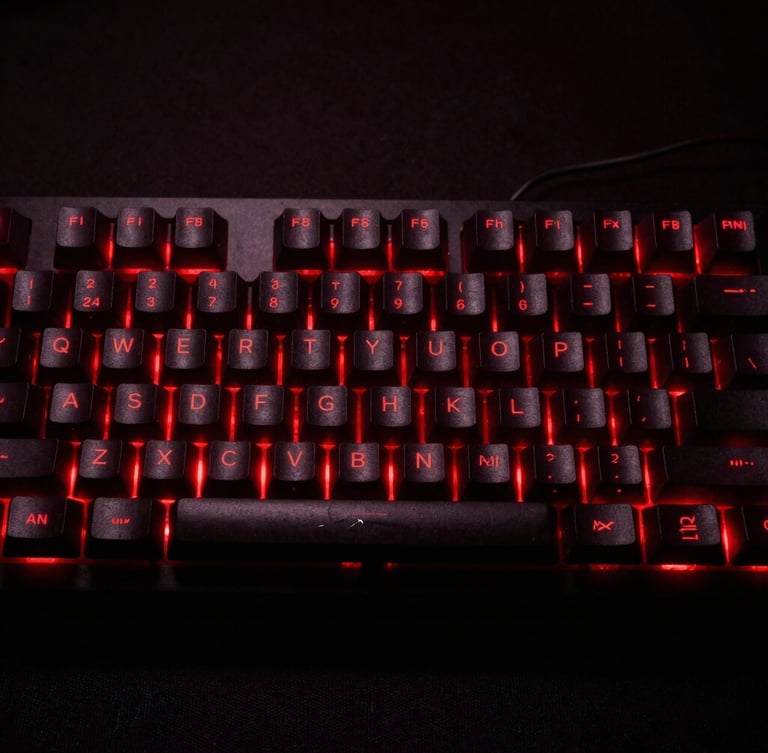 Portrait shot of a high-end mechanical gaming keyboard, dramatic red backlighting, high-contrast dark shadows, raw low-key gaming aesthetic, 35mm lens