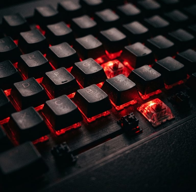 Extreme close-up of a mechanical gaming keyboard illuminated by intense red backlighting, dark shadows, low-key cyber-brutalist aesthetic