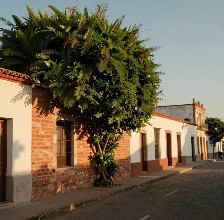Calle empedrada de Asunción en Las Mercedes, casas de ladrillo visto con vegetación frondosa, luz dorada de la tarde proyectando sombras largas.