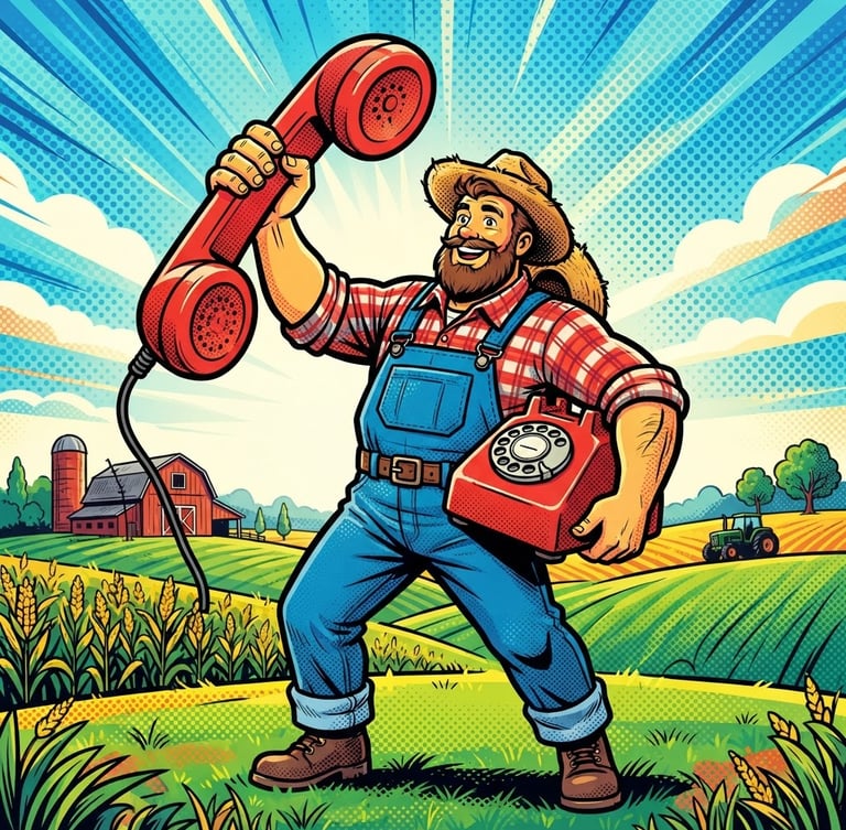 bold pop art illustration of a friendly farmer holding a giant telephone like a comic book superhero, thick black outlines, halftone dots, highly saturated colors, flat vector