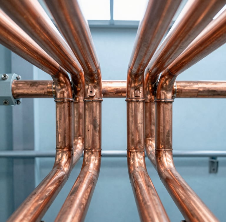 Symmetrical close-up of clean copper piping arrays with immaculate solder joints in a modern mechanical room, bright natural utility lighting, cool blue tones