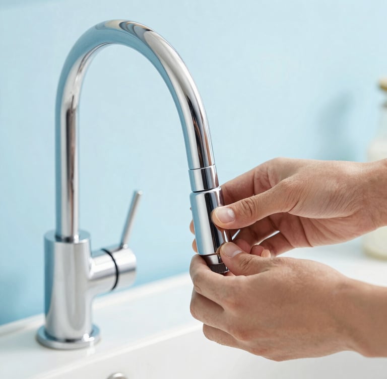 Close-up of hands installing a modern chrome kitchen faucet, clean editorial photography, bright natural utility lighting, cool blue tones, sharp focus