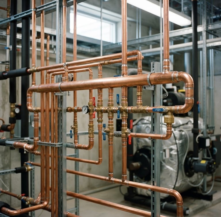 Close-up of clean copper piping arrays in a modern mechanical room, bright natural utility lighting, sharp focus, 35mm