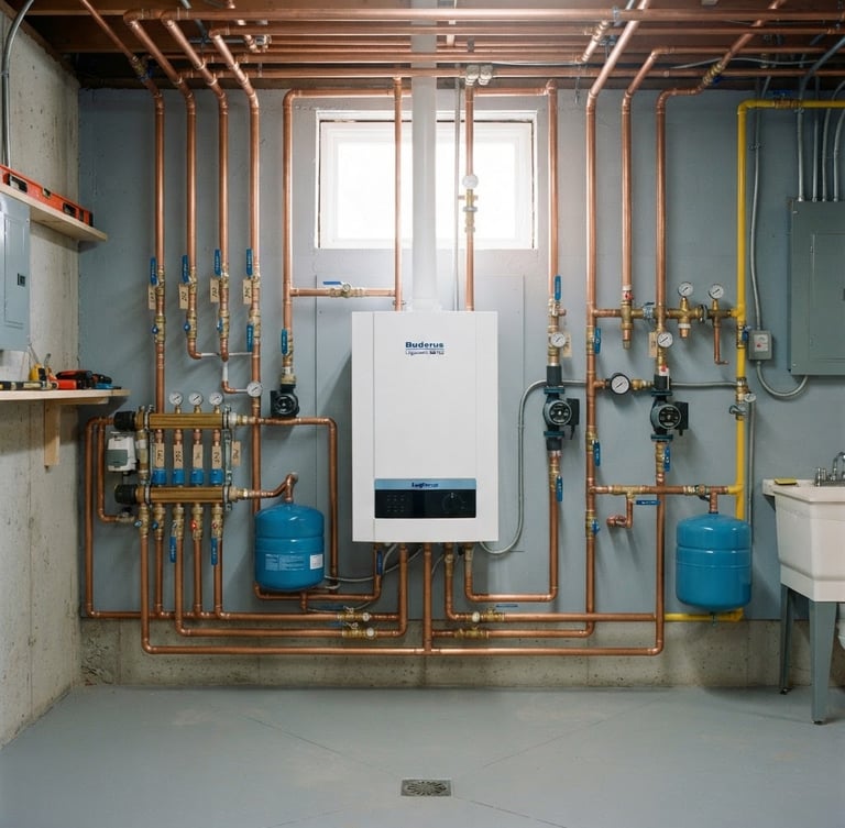 Symmetrical environmental shot of a completed residential boiler room, immaculate copper piping arrays with clean soldering, bright natural utility lighting, 35mm