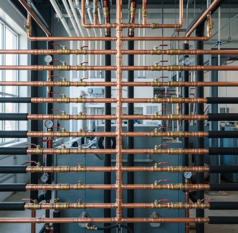 Symmetrical close-up of immaculate copper piping arrays in a modern mechanical room, bright natural utility lighting, sharp focus, 35mm