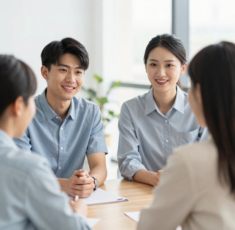 Warm collaborative consultation between an advisor, a student, and their parents in a modern office, soft natural daylight, medium close-up, over-the-shoulder shot, clean composition, portrait aspect, shallow depth of field