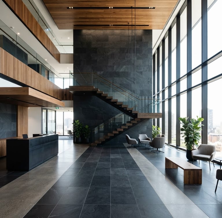 Wide shot of a modern, newly completed commercial interior with clean lines and high-quality finishes, bright natural daylight, high-contrast, slate and timber tones.