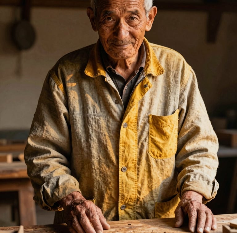 Portrait of an elderly craftsman with kind eyes, wearing a well-worn but vibrant SAF cotton-linen work jacket, hands gently resting on a wooden workbench, soft golden-hour light illuminating the texture of the fabric and the wood, shallow depth of field, natural environment.
